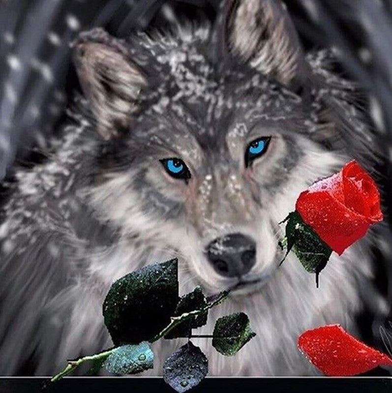 Diamond Painting - Wolf with Roses - 60cm x 60cm Round Bead Only